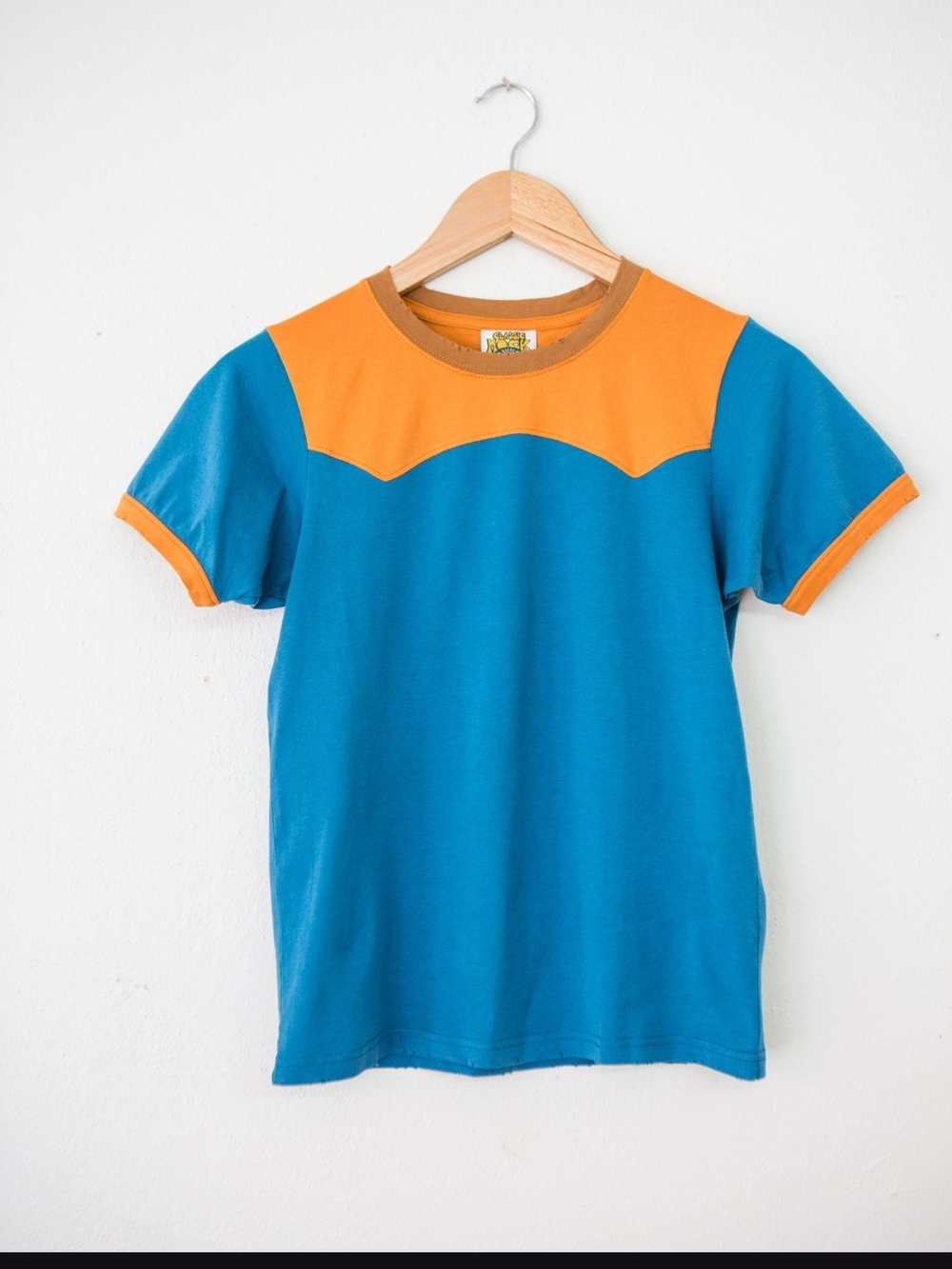 Blue Short-Sleeve Tee with Orange Yoke